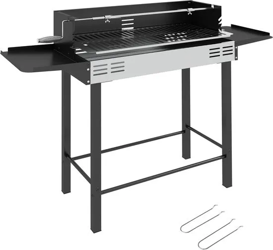 Houtskoolbarbecue BBQ-grill, verstelbaar rooster, 1 draaispit, 118 x 32 x 90 cm, Zwart + Zilver