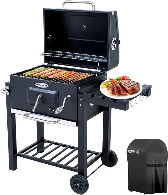 HOMAVO Houtskoolgrill, Barbecue met Deksel, Grilloppervlak: 56×42,5 cm, Hoogteverstelbare kolenbak, Opvouwbaar Zijtafeltje, Met Waterdichte Barbecuehoezen