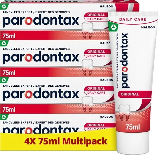 Parodontax Original - Tandpasta - Helpt Bloedend Tandvlees Herstellen en Voorkomen - Verwijdert 4x Meer Tandplak dan Normale Tandpasta - Voor Gezond Tandvlees - Bevat Fluoride - Voordeelverpakking 4x 75ml