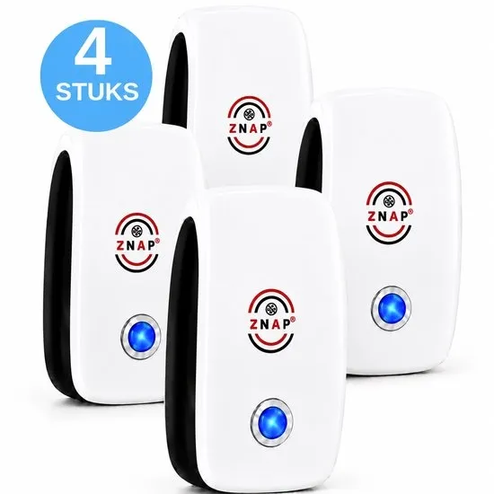 ZnaP Pest Repeller 4 Stuks - Muizenverjager - Ultrasone Verjager - Ultrasonische Ongedierte Bestrijder - Muizen Bestrijden - Insectenverjager - Ultrasone Verjagers - Wit - 100% Veilig - Standaard