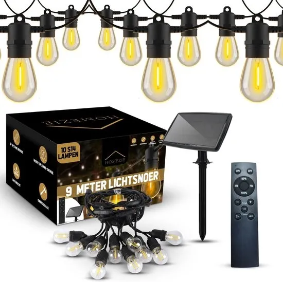 Homezie Lichtsnoer op zonne-energie | 9 meter met 10 LED lampen | IP65 Waterdicht | Met afstandsbediening | Solar tuinverlichting