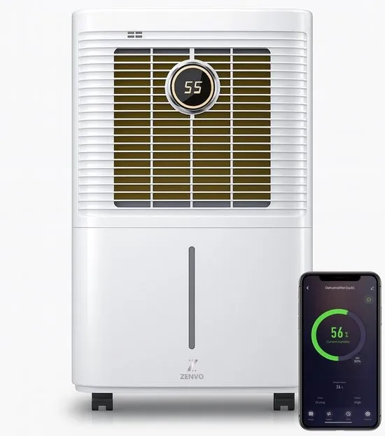 Zenvo Smart WiFi Luchtontvochtiger met App - 12L/dag - 50 m2 - Hygrostaat - Kinderslot - Voor Woonkamer, Slaapkamer, Badkamer, Babykamer & Kelder