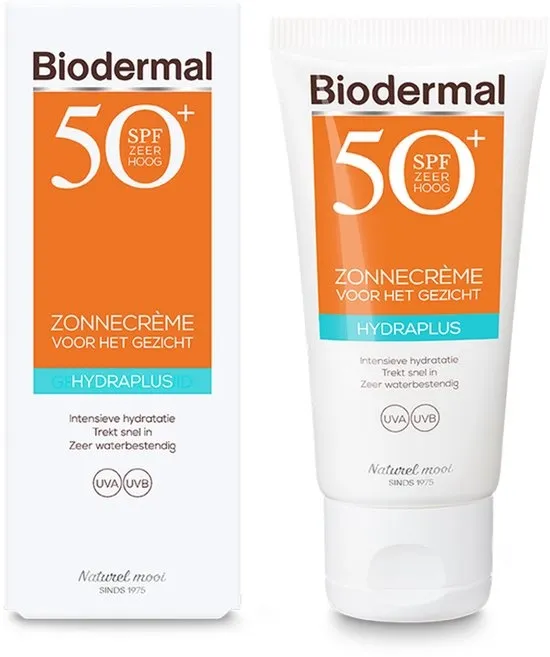 Biodermal Zonnecrème voor gezicht SPF 50+, 50 ml - Zonnebrand Hydraplus voor het gezicht met UVA/UVB, Intensieve hydratatie, Trekt snel in, Zeer waterbestendig