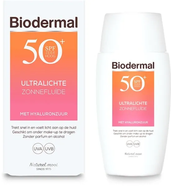Biodermal Ultralichte Zonnefluide SPF50+, 40 ml - Zonnebrand met Hyaluronzuur en UVA/UVB, Trekt snel in en voelt licht aan op de huid, Geschikt om onder make-up te dragen, Zonder Parfum en alcohol