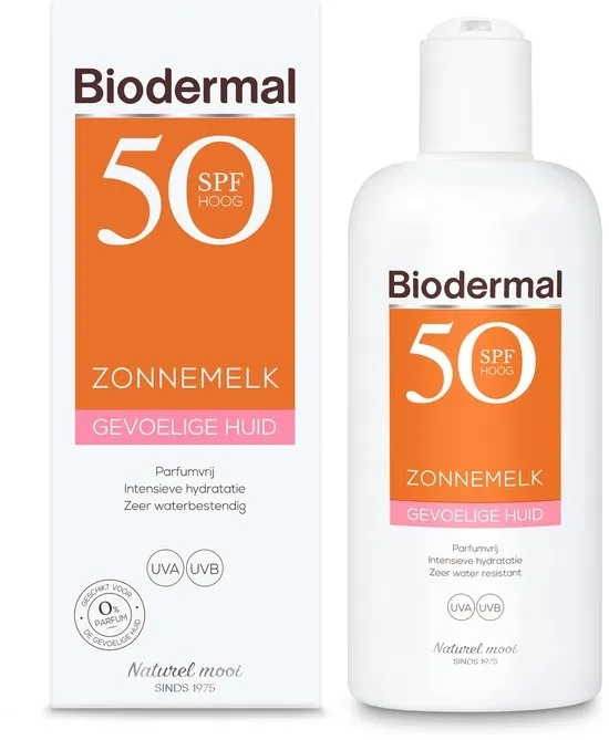 Biodermal Zonnemelk SPF 50+, 200 ml - Zonnebrand met UVA/UVB, Intensieve hydratatie, Zeer waterbestendig, Parfumvrij, voor Gevoelige huid
