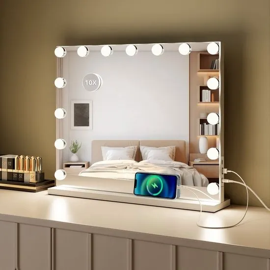 Royals Hollywood Spiegel 58x46CM - 15x Led Lampen - USB + USB-C Oplaadpoort - 10x Vergroting - 3 lichtstanden - Dimbaar - Smart Touch - hollywood spiegel met verlichting - Spiegel met verlichting - Make Up Spiegel - Visagie spiegel
