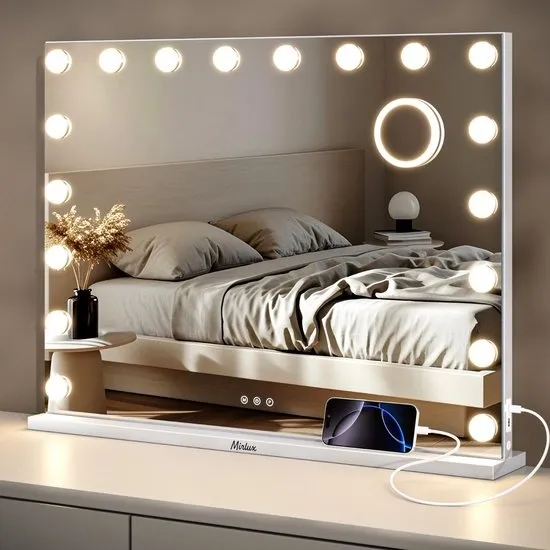 Mirlux Hollywood Spiegel 80x60CM - USB & USB-C Oplaadpoort - 10x Zoom - 3 Dimbare lichtstanden - Make Up Spiegel - LED Verlichting - Wit