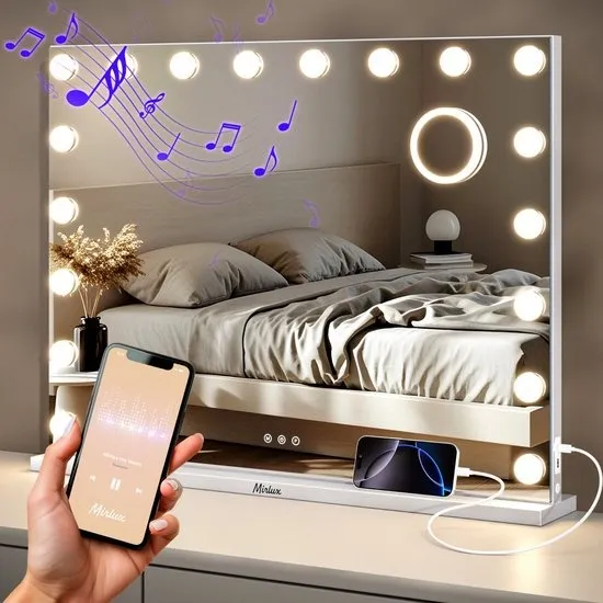 Mirlux Hollywood Spiegel 80x60CM - 2 Bluetooth Speakers - USB & USB-C Oplaadporten - LED Verlichting - Make Up Spiegel - 10x Zoom - Wit