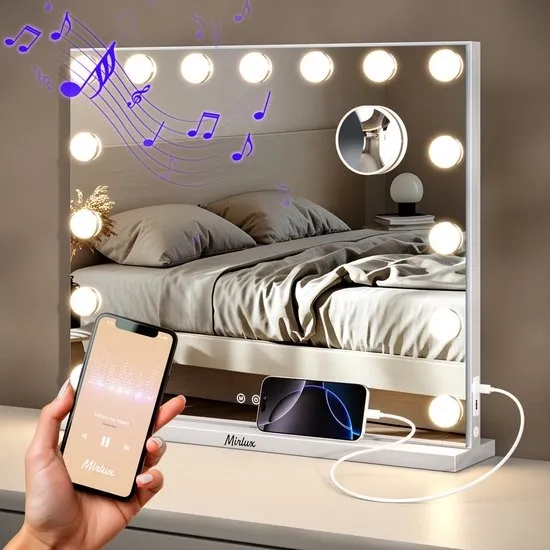 Mirlux Hollywood Spiegel 58x48CM - 2 Bluetooth Speakers - USB & USB-C Oplaadporten - LED Verlichting - Make Up Spiegel - 10x Zoom - Wit