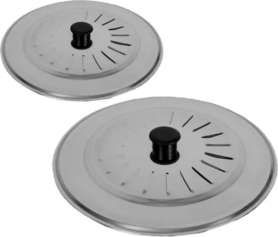Set van 2x stuks universele RVS spatdeksels/pannendeksels met stoomuitlaat voor alle pannen - 20 cm en 28 cm