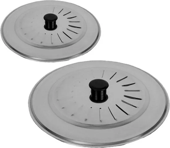 Gerimport Set 2x stuks universele spatdeksels - pannendeksels - rvs - met stoomuitlaat - Dia 22 en 28 cm