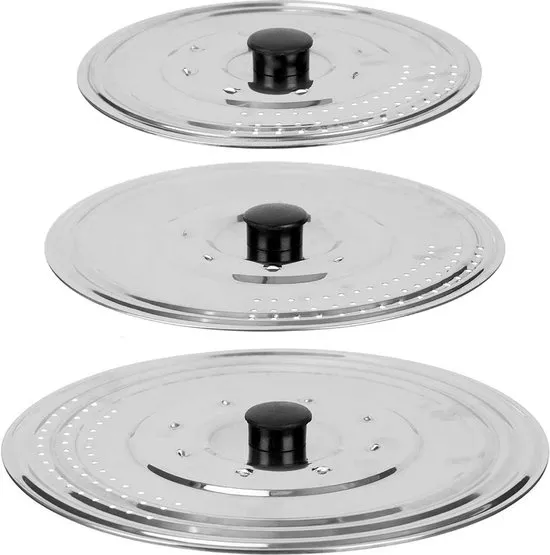 Kinvara Universele pannendeksel set - 3x stuks - Dia 29/25/21 cm - metaal - plat model - voor diverse soorten pannen