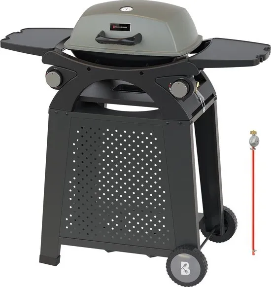 KitchenBrothers Gas BBQ - Staand en Tafelmodel Barbecue - 2x 1,85KW Branders - PFAS Vrij - Tafelbarbecue - Anti-aanbaklaag - 37x48 cm Grilloppervlak - Zwart