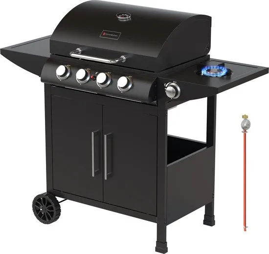 KitchenBrothers Gas BBQ - Gasbarbecue met zijbrander - 4 x 3KW + 1 x 2,5KW Gasbranders - PFAS Vrij - Met Gasaansluiting - 42x57cm Grilloppervlak - Extra Opbergruimte - Zwart