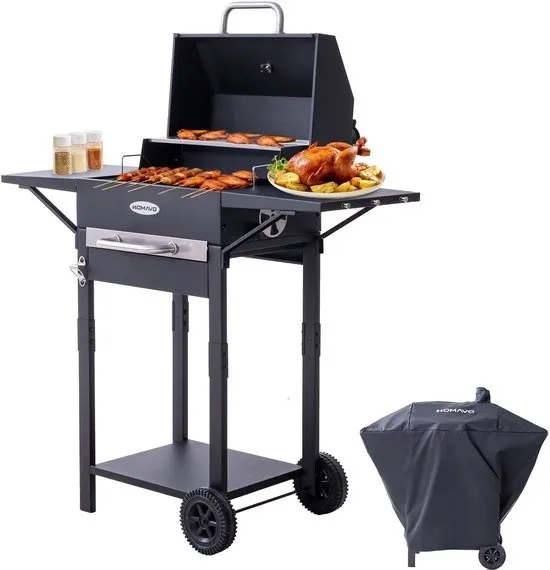 HOMAVO Houtskoolgrill, Barbecue met Deksel, Grilloppervlak: 45×32 cm, 2-standig in hoogte verstelbare kolenbak, Bijzettafel, Thermometer, Met Waterdichte Barbecuehoezen