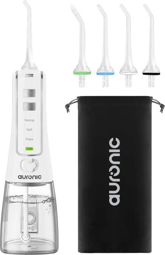 Auronic Waterflosser - Monddouche Elektrisch - 3 Standen - Draadloos en Oplaadbaar - 300 ml - 4 Opzetstukjes - Wit