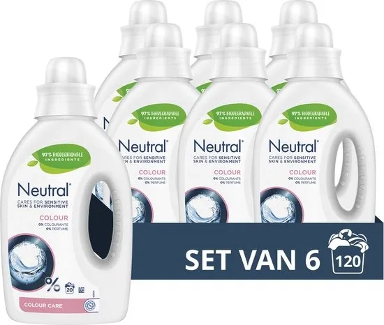 Neutral Vloeibaar Wasmiddel - Kleur - Parfumvrij - 6 flessen - 120 Wasbeurten - Voordeelverpakking