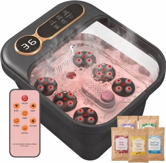 Heevey Premium Voetenbad - Massage - Inklapbaar voetbad - Voetmassage apparaat - 6 automatische massage drukpunten - 15 Liter XXL - Verwarming tot 45°C - 5 keer badzout - Voetenbaden Zwart