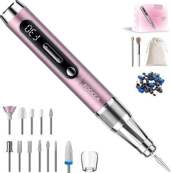 FOOCCA® Draadloze Elektrische Nagelvijl - Nagelfrees 30000 RPM - Oplaadbaar - Wireless Ultra - 12 Bitjes + 65 Schuurrolletjes + 3 Accessoires - Nagelstofkap - Manicure en Pedicure Set - Ergonomische Aluminium Behuizing - Eeltverwijderaar - Kalknagel