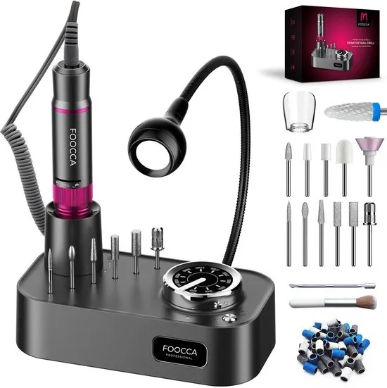 FOOCCA® Elektrische Nagelvijl - Nagelfrees 45000 RPM - Desktop Pro - LED Verlichting - 12 Bitjes + 65 Schuurrolletjes + 2 Accessoires - Nagelstofkap - Manicure en Pedicure Set - Eeltverwijderaar - Kalknagels
