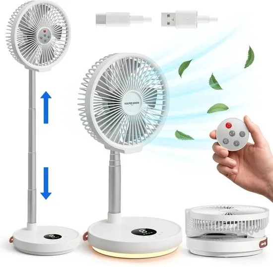 Vulpes Goods® Tech - Ventilator Staand met Afstandsbediening - Tafelventilator 5-in-1 - Draadloos & Oplaadbaar - Opvouwbare Statiefventilator - Verstelbaar - USB Ventilator - 6 Snelheden - Timer - 12dB Stille Ventilator - Vloerventilator - PRO V2