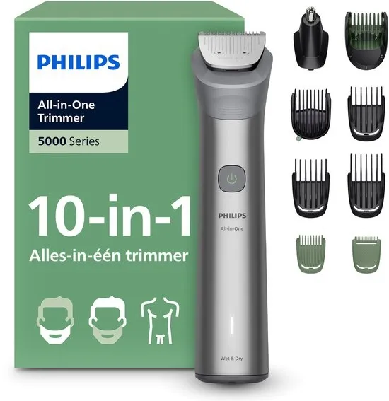 Philips Series 5000 Multigroom - Baardtrimmer - 10 in 1 - Neushaartrimmer - Intimate trimmer - Face&Hair&Body - Scheersensor - Opbergzakje - Staal - MG5931/15