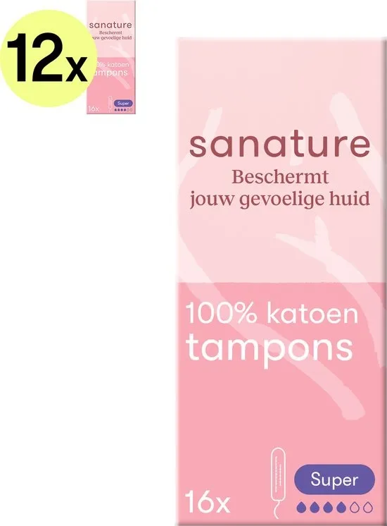 Sanature 100% katoenen - Tampons Super - 12 x 16 stuks - Natuurlijk & voor de gevoelige huid