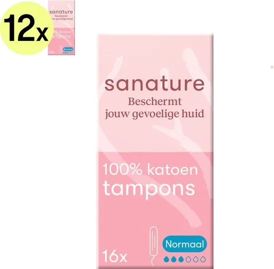 Sanature 100% katoenen - Tampons Normaal - 12 x 16 stuks - Natuurlijk & voor de gevoelige huid
