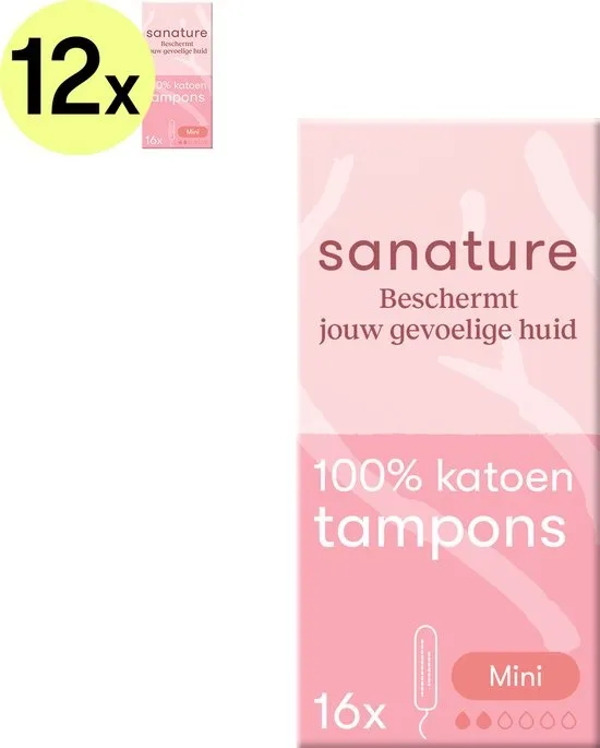 Sanature 100% katoenen - Tampons Mini - 12 x 16 stuks - Natuurlijk & voor de gevoelige huid
