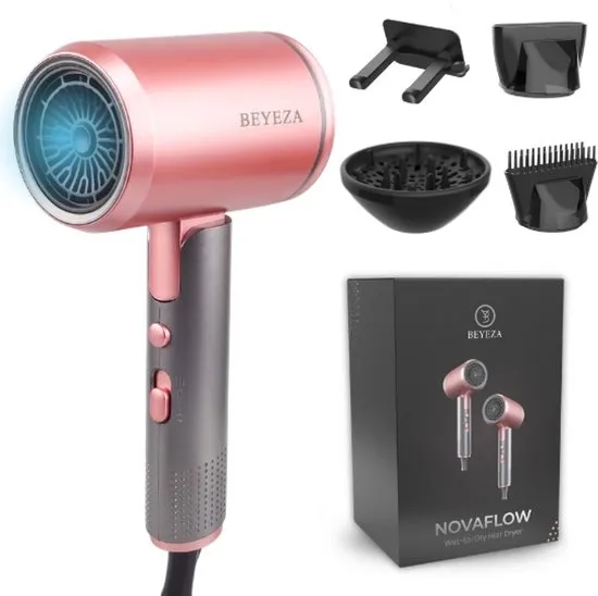 Beyeza Föhn met diffuser - Krullen - Haardroger met Borstel - 2400W - Haarfohn - Roterende Fohn Kop - Fohnborstel - Multistyler - Coolshot