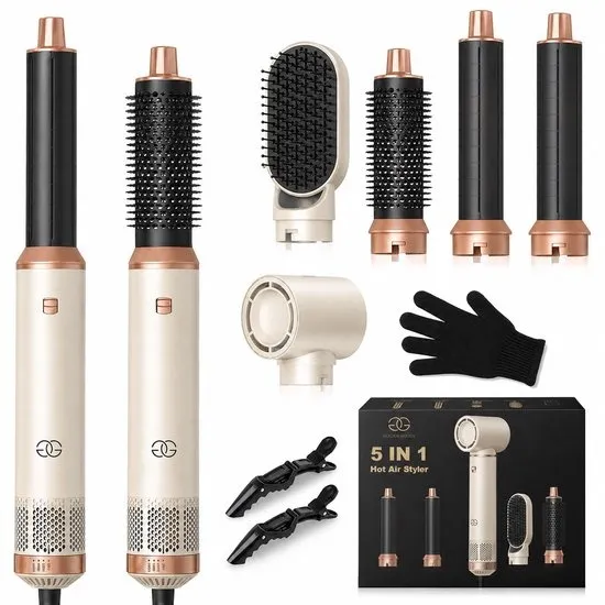 Golden Goods® Airstyler - Fohnborstel - Multistyler - Krulborstel tot 110ºC - Krultang 5-in-1 - Hairwrap Föhn met 5 opzetstukken - 1000W Haardroger Styler - Incl. Hittebestendige Handschoen