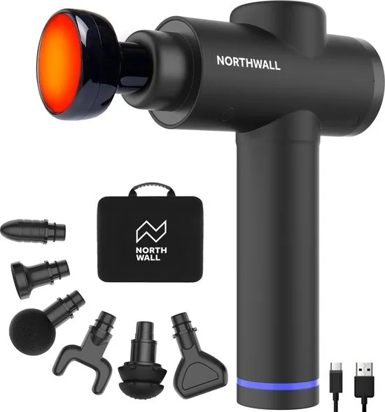Northwall Massage Gun Professioneel Prime - Massage Pistool Inclusief Koffer en 7 Opzetstukken incl. Warmte Infrarood Massagekop - Krachtig en Draadloos Sport en Relax Massage Apparaat
