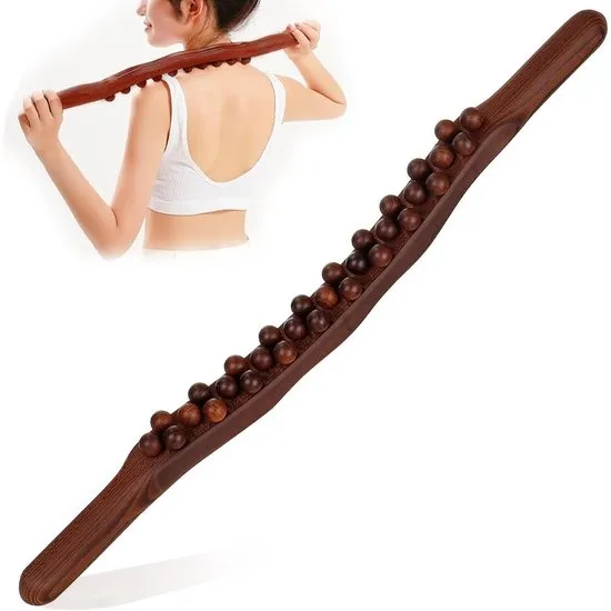 ComfiCare® Massage roller 58 cm – Massage stok voor rug, buik en benen – Massage stick tegen spierpijn & cellulite - Gua Sha wooden therapy staaf - Thera cane - 31 Massageballen - Shiatsu - Hout – Donkerbruin
