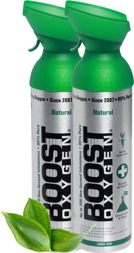 Boost Oxygen - Large 9L - Natural - 95% Pure Zuurstof - 400 inhalaties van 1 sec - Zuurstoffles - Aerosoltoestel - Powerbreathe - Longtrainer - Concentrator - Ademhalingstrainer - Ademhalingsondersteuning - Sport herstel, Hoogte en Gezondheid - 2x 9L