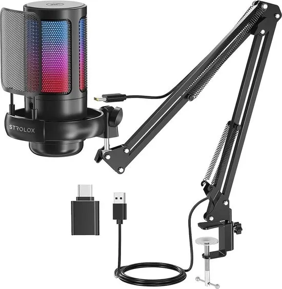 Strolox® Microfoon met arm - USB - gaming - RGB Condensatormicrofoon - met Mute-Knop, Popfilter, Microfoonarm - Luxe microfoon