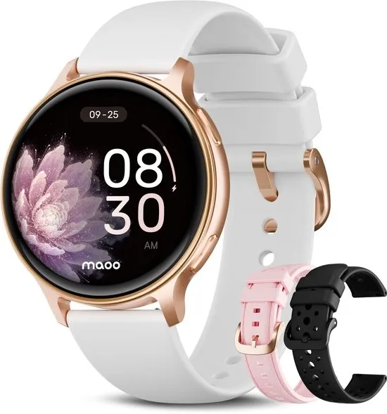 Maoo Ventura 2 - GPS Smartwatch Dames - AMOLED - Siliconen, Leren en Sportbandje - Stappenteller - Hartslagmeter - Slaapmonitor - Belfunctie - AOD - Multisport - Geschikt voor Android en iOS - Rosé Goud en Wit