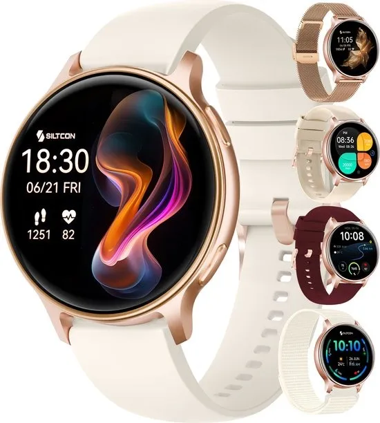 Siltcon® Auréa 2 - GPS Smartwatch Dames Goud - Horloge Dames - Stappenteller Horloge Dames - Sporthorloge Dames - Hartslagmeter - Slaapmonitor - Saturatiemeter - Belfunctie - Geschikt voor iOS/Android - AMOLED - RVS - Elke pols - Strava - 5 Bandjes