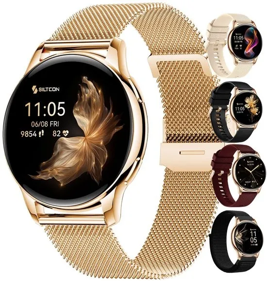 Siltcon® Auréa Smartwatch Dames - Horloge Dames - Stappenteller Horloge Dames - Sporthorloge Dames - Hartslagmeter - Slaapmonitor - Saturatiemeter - Geschikt voor iOS/Android - AMOLED - RVS - Elke pols - Incl. 5 Bandjes