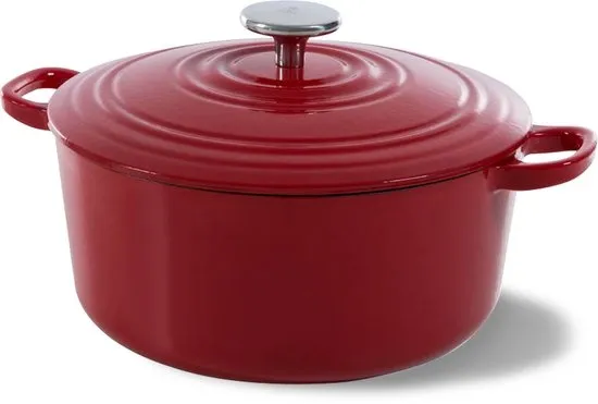 BK Bourgogne Braadpan Gietijzer 28cm/6.7l - inductie braadpan - gietijzeren braadpan - ovenbestendig tot 230 graden - deksel met druipringen - wit geëmailleerde binnenkant - Chili Red