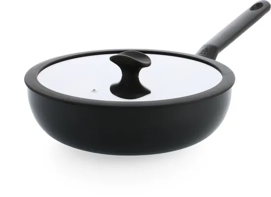 BK Enjoy Wokpan 28cm – 4.2L – PFAS-vrije antikleeflaag – Wokpan inductie – Keramische pan - Ovenbestendig tot 160°C - Koudgrepen - Met glazen deksel - Zwart
