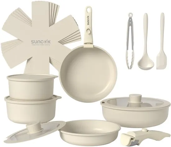 SUNCOK Pannenset 19-delige, Set met Koekenpannen, Soeppannen, Keramische Antiaanbaklaag met afneembare handgrepen, Vaatwasserbestendig, Inductiegeschikt, ovenbestendig tot 450°F, Stapelbaar, ruimtebesparend, crème wit
