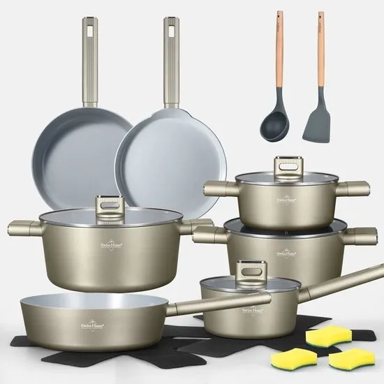 Swiss Haus® SC3018CH Pannenset Inductie - 18-delig – PFAS Vrij – Koekenpan, Kookpannen, Hapjespan, Pannenkoekenpan & Steelpan - Voor Alle Warmtebronnen – Ovenbestendig tot 160°C - Champagne