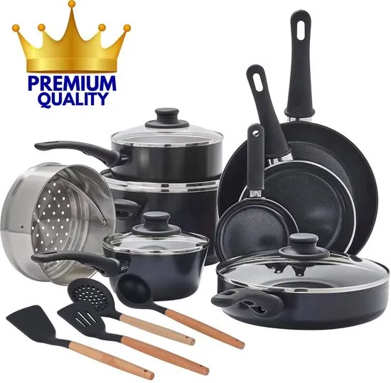 COOCK 22-Delige Pannenset Inductie - Speciale Anti-Aanbak Coating - Ergonomische Koudgrepen - Gerecycled Aluminium - koekenpannenset - kookpottenset - Zwart - Inclusief Onderzetters en E-book