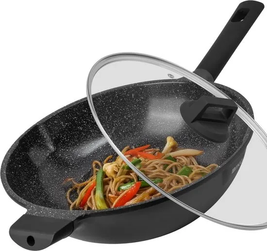 Wokpan inductie 32 Cm - Pan Met Anti-Aanbaklaag - Wokpan met deksel Voor Alle Warmtebronnen- PFAS Vrij - Softtouch Koudgreep - Keramische Coating
