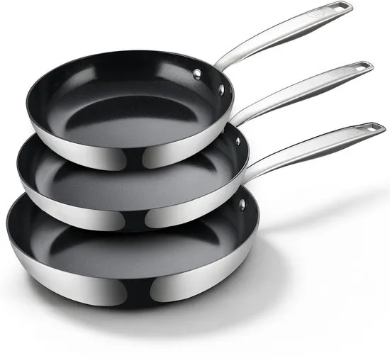 BE Living RVS Koekenpannenset 3-delig - Ø 20, 24 & 28 cm - Keramisch - Inductie Pannen - PFAS Vrij Anti Aanbak - Bakpan - Essential Series
