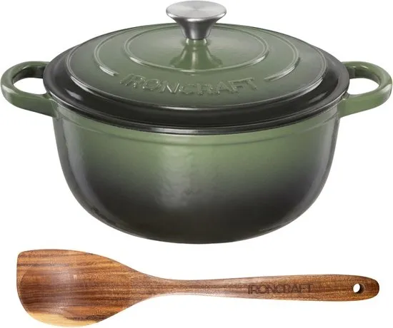 Ozocozy IRONCRAFT Gietijzeren Braadpan 2-4 Personen - 3,5L - Dutch Oven 24 cm - Alle Warmtebronnen incl. Inductie - Groen - Incl. Olijfhouten Kooklepel