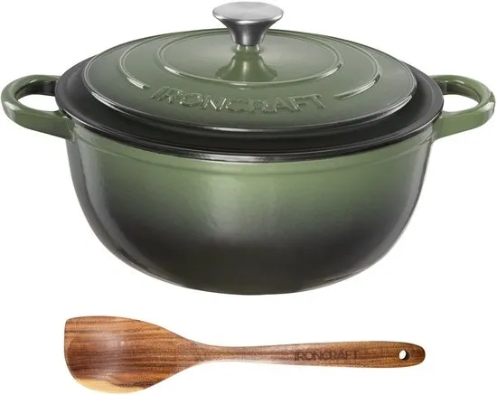 Ozocozy IRONCRAFT Gietijzeren Braadpan 6-8 Personen - 6,7L - Dutch Oven 28 cm - Alle Warmtebronnen incl. Inductie - Groen - Incl. Olijfhouten Kooklepel