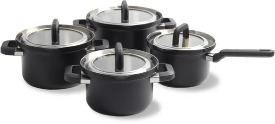BK Flow Cool Black Pannenset 4-delig - 16/18/20cm - RVS pannenset - Inductie pannenset - Ovenbestendig tot 160°C - Koudgrepen - Met deksel - Zwart