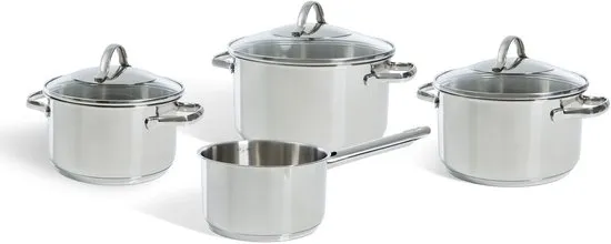 BK Essentials Pannenset 4-delig - 16/18/20cm -Zonder PFAS-vrije antikleeflaag - Pannenset inductie - Inductie kookpan - RVS pannenset - Ovenbestendig tot 230°C - Met glazen deksel - Zilver