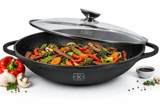 Kookkunst Holland Wokpan Ø40 cm met Glazen Deksel - Wokpan Inductie - Wokpan met Deksel - Gietaluminium - Anti-aanbak Marmeren Coating - Grote Wokpan Inductie met Deksel voor Alle Warmtebronnen
